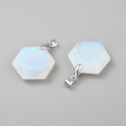 Faceted Gemstone Pendants, with Platinum Tone Brass Findings, Hexagon