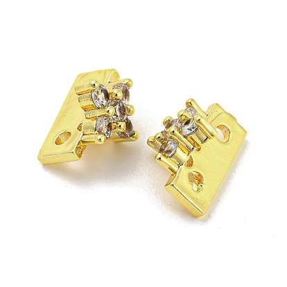 Rack Plating Brass Micro Pave Clear Cubic Zirconia Connector Charms, Long-Lasting Plated, Lead Free & Cadmium Free, Rectangle with Flower
