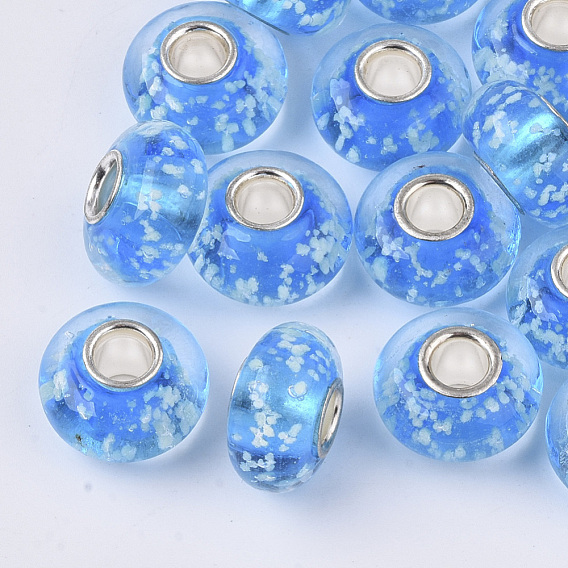 Handmade Luminous Lampwork European Beads, Large Hole Beads, with Silver Color Plated Brass Single Cores, Rondelle