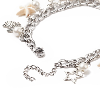 Bracelet à breloques étoile de mer turquoise synthétique & coquillage naturel & perle de coquillage, bracelet à breloques étoile et étoile en alliage pour femme