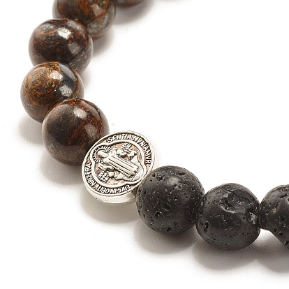 Bracelet extensible perles rondes en bronzite naturelle et pierre de lave, bracelet en pierre avec perles de jésus pour femme