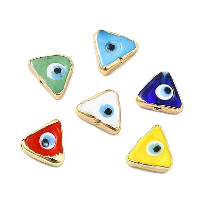 Brass Enamel Beads, Long-Lasting Plated, Real 18K Gold Plated, Triangle with Evil Eye Pattern