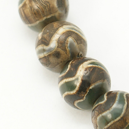 Motif de vague de style tibétain perles dzi, agate naturel, teint, ronde, café, Trou: 1mm