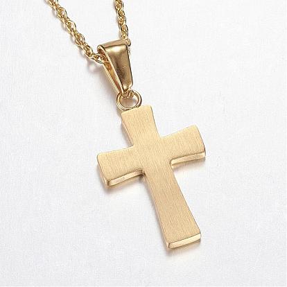 304 Stainless Steel Pendant Necklaces, with Lobster Clasps, Cross