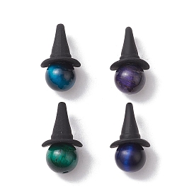 4Pcs 4 Colors Natural Tiger Eye Dyed Pendants, Round Charms with Black Alloy Witch Hat