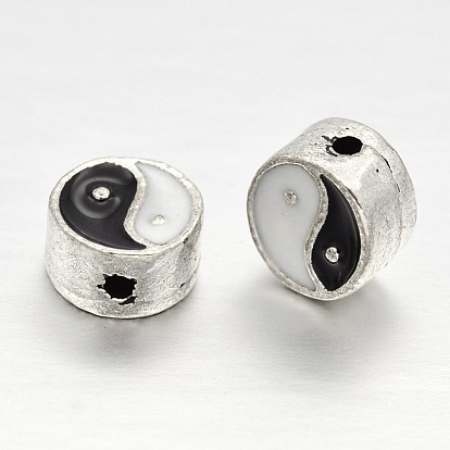 Argenté antigue perles d'émail en alliage, plat et circulaire avec yin yang, 7.5x4mm, Trou: 1mm