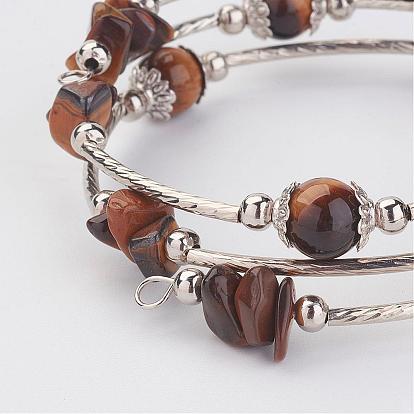 Three Loops Wrap Gemstone Beads Bracelets, with Brass Tube Bead, Iron Bead Spacers, Tibetan Style Bead Caps