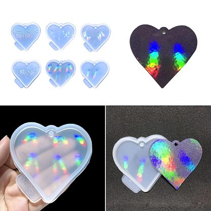 Moldes de silicona de calidad alimentaria con colgante de corazón con efecto holográfico láser diy, moldes de resina, para resina uv, fabricación de joyas de resina epoxi, tema del día de San Valentín