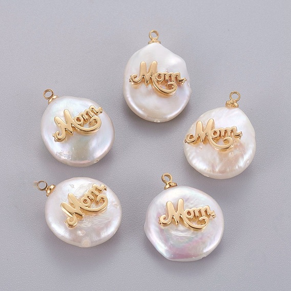 Mother's Day Theme, Natural Cultured Freshwater Pearl Pendants, with Brass Cabochons, Nuggets with Word Mom