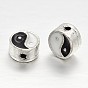 Antigue Silver Plated Alloy Enamel Beads, Flat Round with Yin Yang, 7.5x4mm, Hole: 1mm