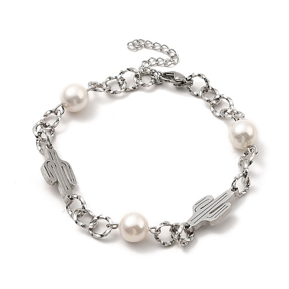 Ccb perles & 304 bracelet à maillons en acier inoxydable pour femme, couleur inox