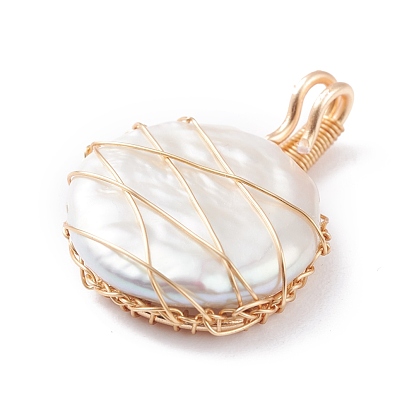 Natural Baroque Pearl Keshi Pearl Pendants, with Real 18K Gold Plated Eco-Friendly Copper Wire, Flat Round