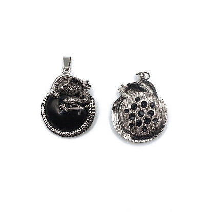 Gemstone Pendants, Flat Round Charms with Skeleton, with Antique Silver Plated Metal Findings