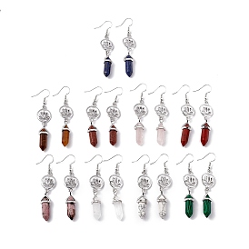 Gemstone Bullet with Lotus Dangle Earrings, Platinum Brass Long Drop Earrings for Women, Cadmium Free & Lead Free