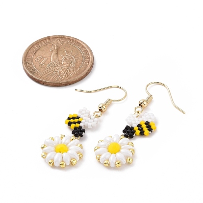 Glass Seed Braided Bee with Flower Dangle Earrings, Golden Brass Jewelry for Women