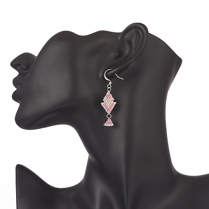 Boucles d'oreilles pendantes en perles de verre à motif de métier à tisser fait main losange, bijoux en laiton pour femmes