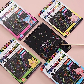 Scratch Rainbow Painting Art Spiral Notebook, DIY Scratch Art Paper, with Bamboo Sticks