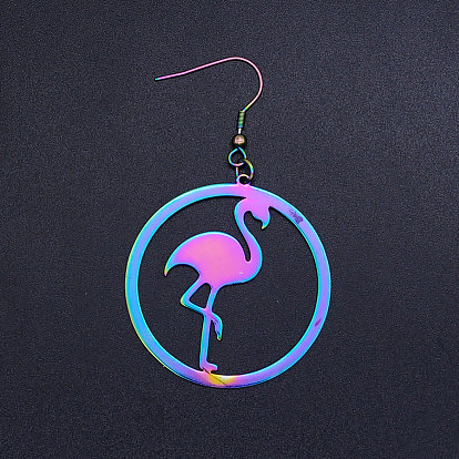 201 Stainless Steel Dangle Earrings, Ring with Flamingo