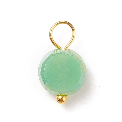 Electroplate Opaque Glass Charms, with Golden Plated Brass Loops, Flat Round