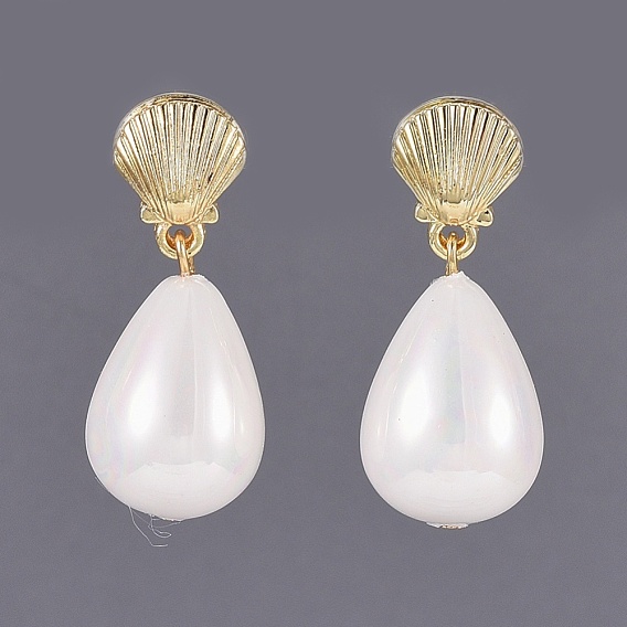 Shell Pearl Bead Dangle Earrings Studs, with Alloy Stud Earring Findings and Cardboard Boxes