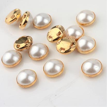 ABS Plastic Imitation Pearl Shank Buttons, Half Round, with Brass Findings, Golden, 10~10.5x6~6.5mm, Hole: 1mm