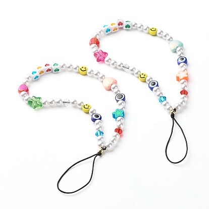 ABS Plastic Imitation Pearl and Imitate Austrian Crystal Bicone Glass Beads Mobile Straps, with Resin Beads, Acrylic Beads, Handmade Polymer Clay Beads, Nylon Thread and ABS Plastic Beads