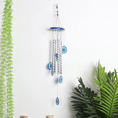 Aluminum Tube Wind Chimes, Evil Eye Pendant Decorations, with Wooden Board & Iron Finding