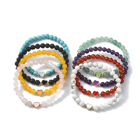 Natural & Synthetic Gemstone Round Beaded Stretch Bracelets, Alloy Enamel Heart Bracelet for Women
