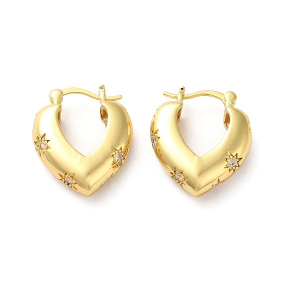 Clear Cubic Zirconia Heart with Star Hoop Earrings, Brass Jewelry for Women