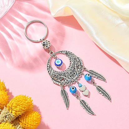 Handmade Lampwork Evil Eye Pendant Keychain, with 304 Stainless Steel Split Key Rings & Alloy Findings, Flat Round with Feather, Heart/Cross/Butterfly