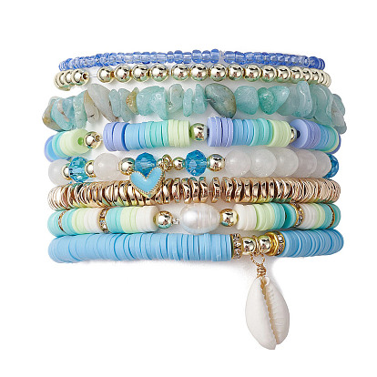 Ensemble de bracelets extensibles en perles de malaisie, style naturel, perles et hématite synthétique, bracelets preppy heishi en argile polymère avec breloques en coquillages naturels