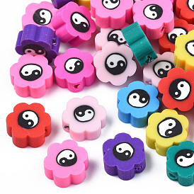 Handmade Polymer Clay Beads, Flower with Yin Yang