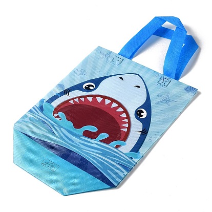 Cartoon Printed Shark Non-Woven Reusable Folding Gift Bags with Handle, Portable Waterproof Shopping Bag for Gift Wrapping, Rectangle