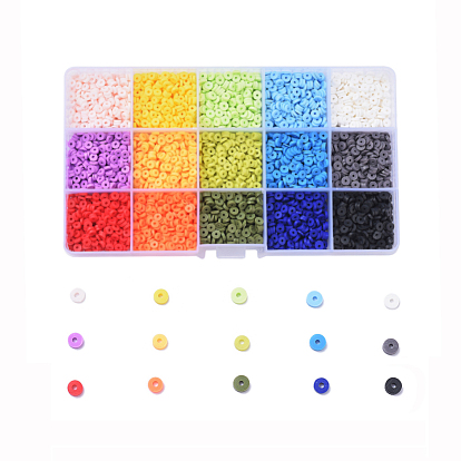 15 couleurs de perles d'argile polymère artisanales respectueuses de l'environnement, pour les fournitures de bricolage bijoux artisanat, disque / plat rond, perles heishi