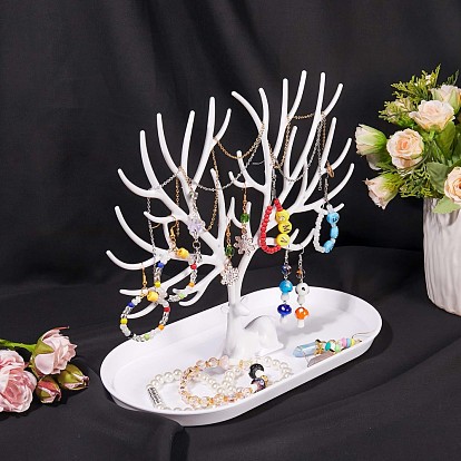 Jewelry Organizer Stand, Reindeer Antler Tree Holder, with Tray Jewellery Display Rack, for Home Decoration Jewelry Storage ( White )