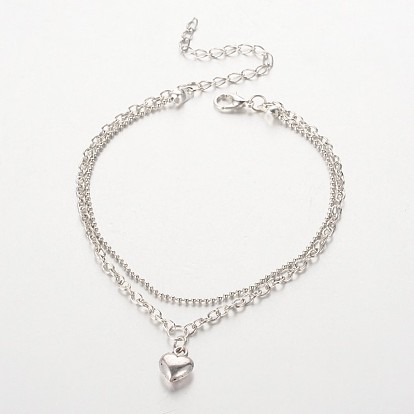 Tibetan Style Heart Charm Anklets, with Iron Chains and Zinc Alloy Lobster Claw Clasps, 230mm