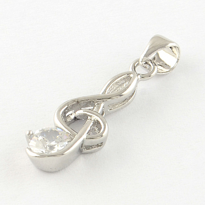 Musical Note Real Platinum Plated Brass Cubic Zirconia Pendants, 21.5x8x3.5mm, Hole: 4x3.5mm