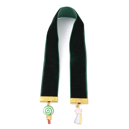 Velvet Ribbon Bookmarks, Alloy Enamel Rainbow Lollipop Charm Bookmarks