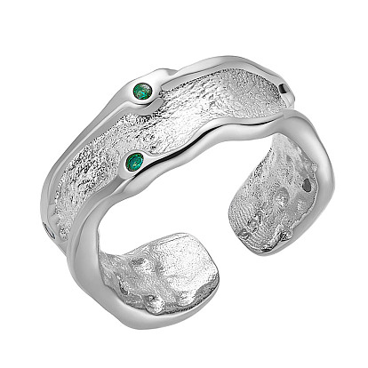 SHEGRACE 925 Sterling Silver Cuff Rings, Open Rings, with Grade AAA Cubic Zirconia, Textured, with 925 Stamp, Green