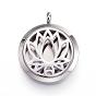 316 Surgical Stainless Steel Diffuser Locket Pendants, with Perfume Pad and Magnetic Clasps, Flat Round with Lotus