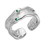 SHEGRACE 925 Sterling Silver Cuff Rings, Open Rings, with Grade AAA Cubic Zirconia, Textured, with 925 Stamp, Green