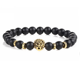 8mm Volcanic Stone Beaded Bracelet with Matte Finish and Elastic Lion Head Charm