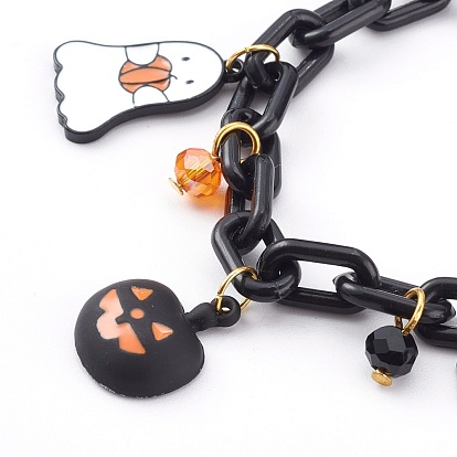 Halloween Theme Alloy Enamel Charm Bracelets, with Iron Safety Pins, Glass Beads and ABS Plastic Cable Chains, Mixed Shapes