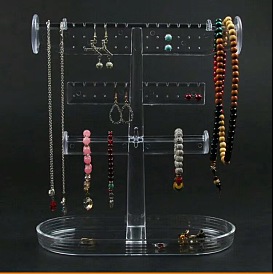 Présentoirs à bijoux en plastique à barre en T avec plateau, Support organisateur de bijoux pour boucles d'oreilles, colliers, bagues, rangement