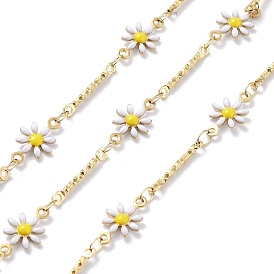 304 Stainless Steel Link Chains, with Resin & Enamel & Spool, Unwelded, Real 18K Gold Plated, Flower