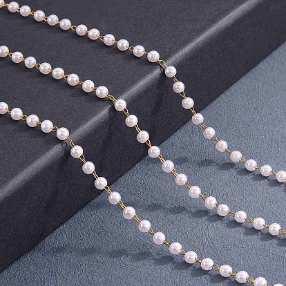 Chaîne perlée imitation perle en plastique, avec chaînes forçat en laiton plaqué or, soudé, avec bobine, pour la fabrication de bijoux