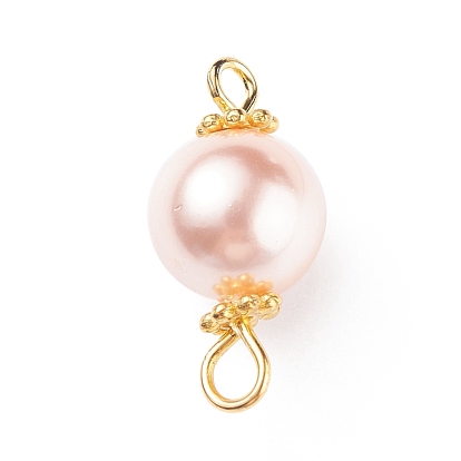 Shell Pearl Bead Connector Charms, with Golden Tone Brass & Alloy Findings, Round