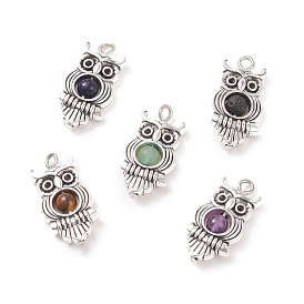 Natural Mixed Stone Pendants, Owl Charm, with Antique Silver Tone Alloy Findings