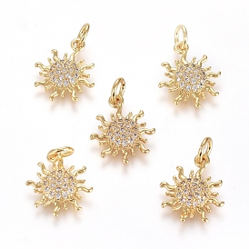 Brass Micro Pave Cubic Zirconia Pendants, with Jump Ring, Long-Lasting Plated, Sun, Real 18K Gold Plated