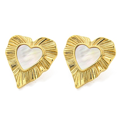 304 Stainless Steel Heart Stud Earrings, with Natural Shell